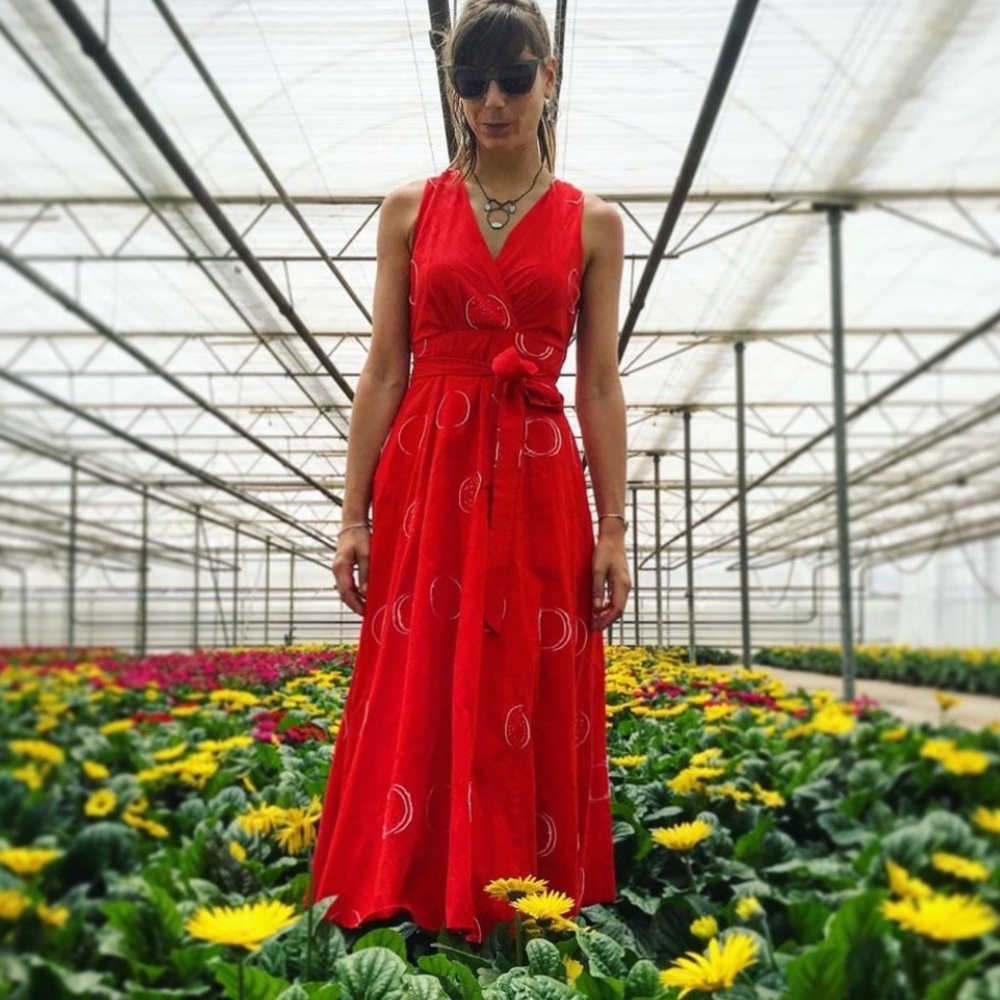 Eva Franco Anthropologie Masha Dress Faux Wrap Red Midi Sleeveless